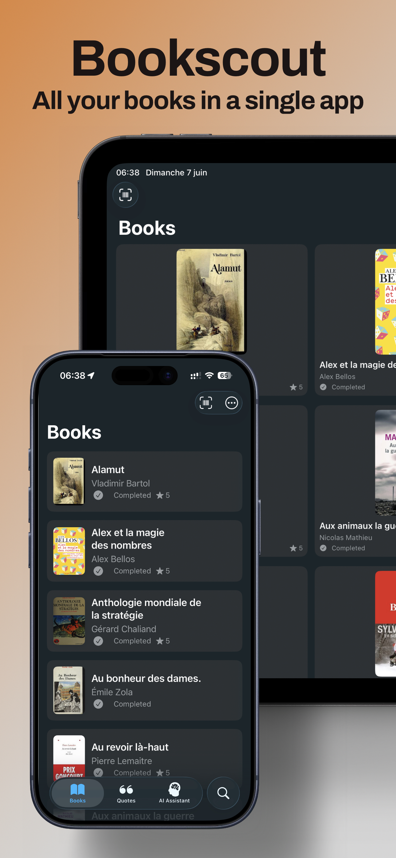 Bookscout library in dark mode on iPhone and iPad
