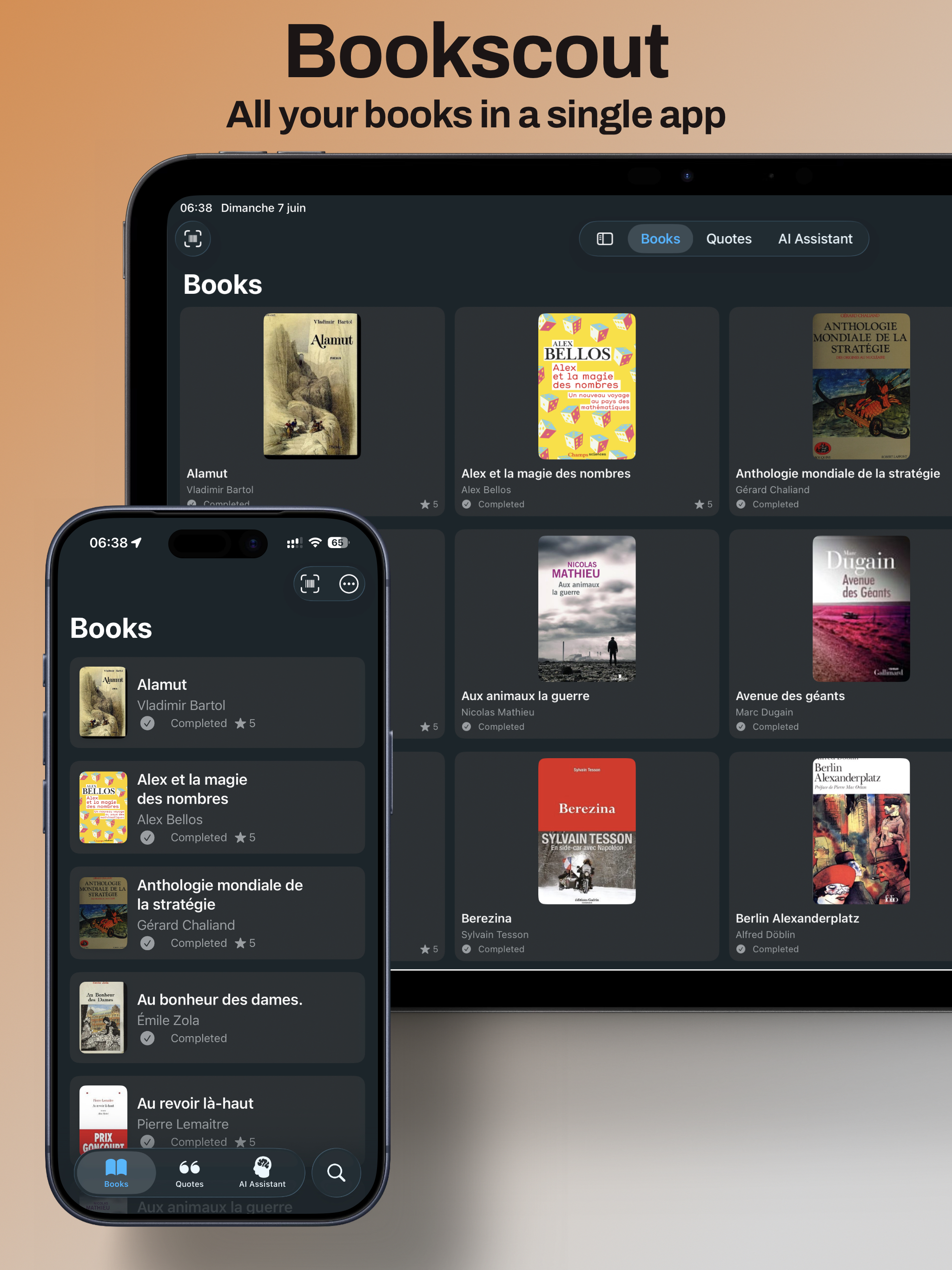 Bibliothèque Bookscout en mode sombre sur iPad