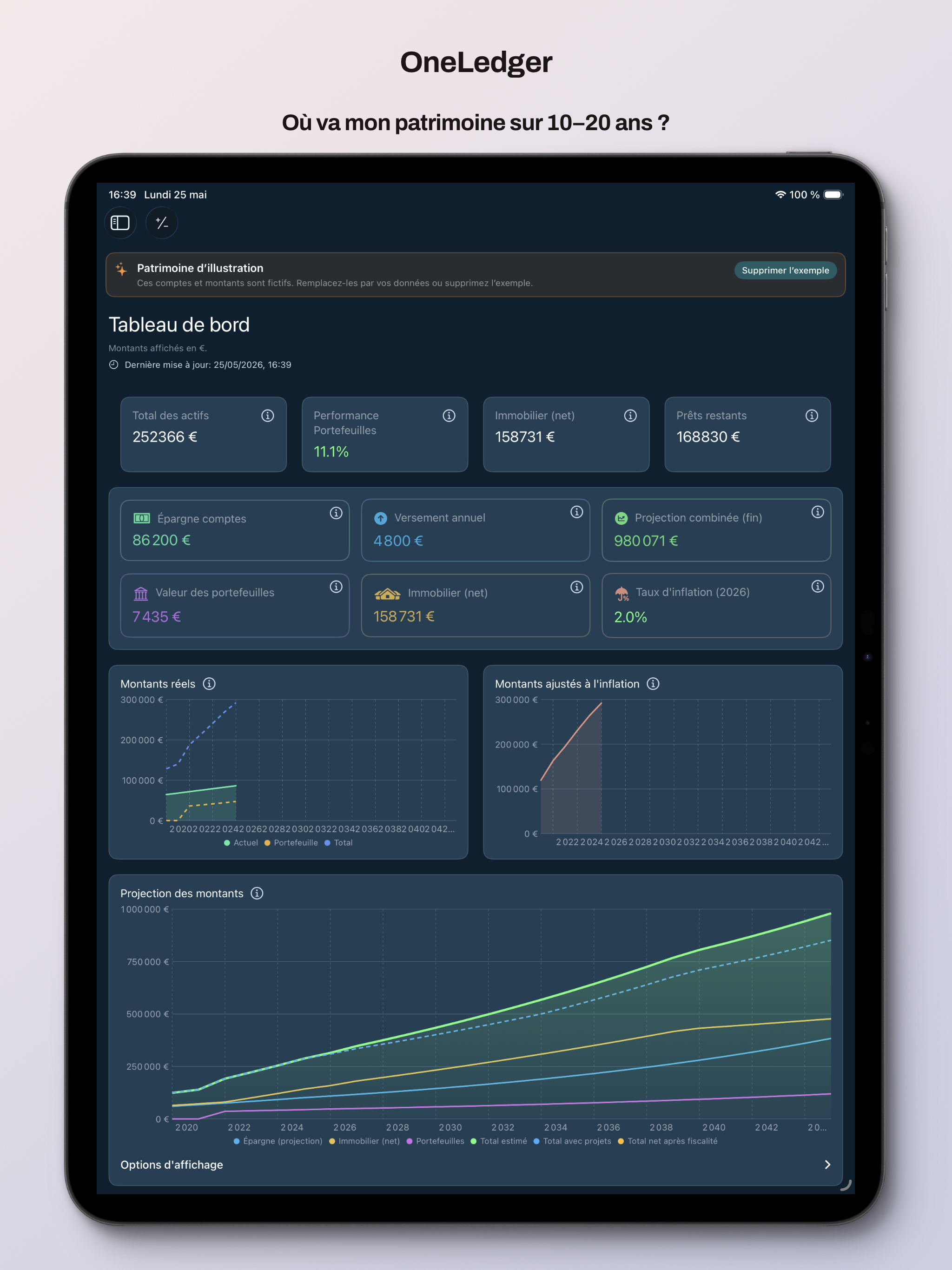 OneLedger — tableau de bord et projection long terme