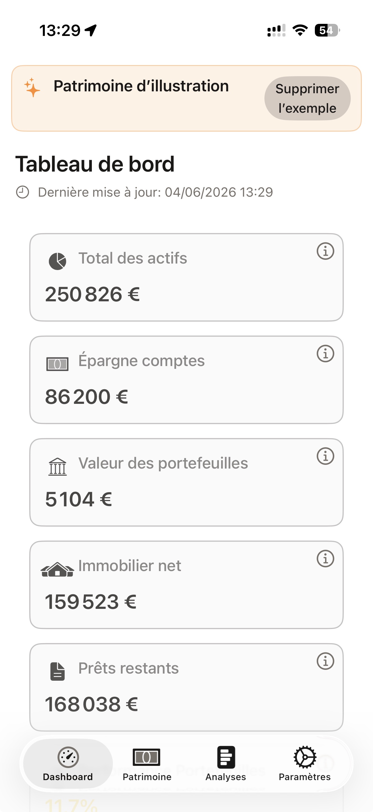 OneLedger dashboard on iPhone — total assets, savings, portfolios, net real estate and loans